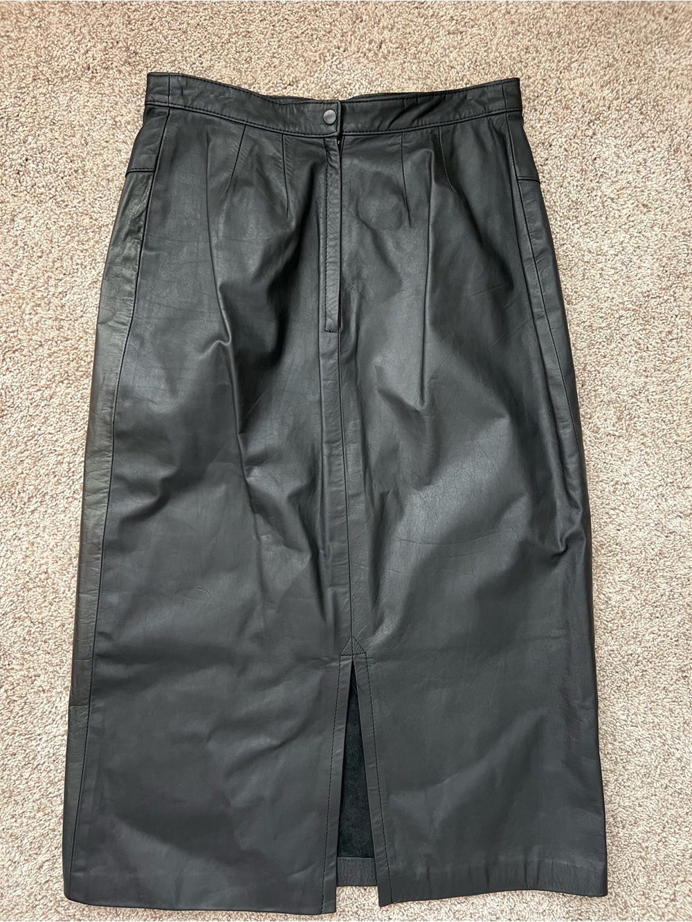 VTG Hideout Classic Black Leather Midi Skirt size 10